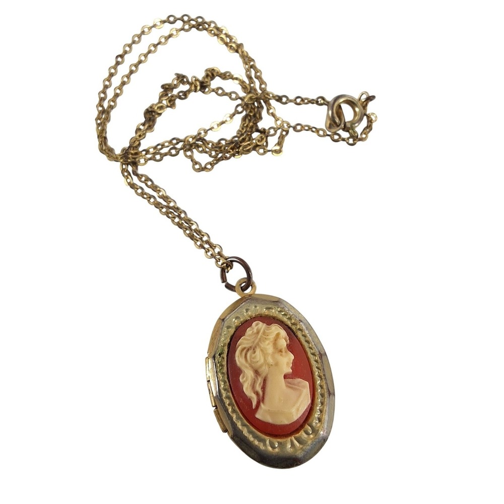 Vintage Gold Tone Cameo Locket Necklace Red Terracotta Oval Photo Pendant 18"
